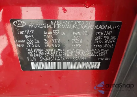 2021 Hyundai Santa Fe Se z USA, uszkodzony, nr VIN 5NMS14AJXMH336085